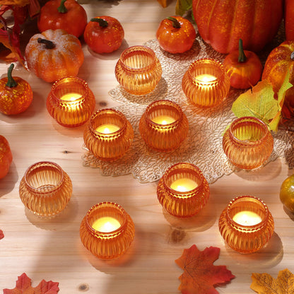 Mumufy 12 Pcs Orange Pumpkin Glass Votive Candle Holders Thanksgiving Decor