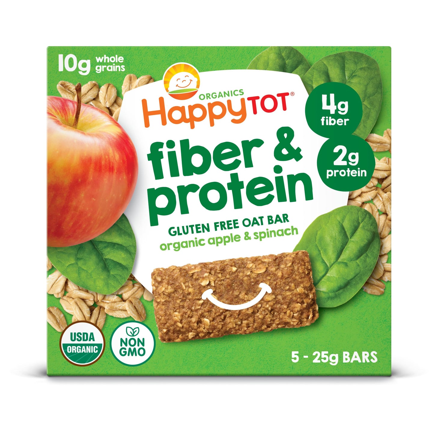 HAPPYTOT Organics Toddler Oat Bars Apple Spinach Soft-Baked 0.88oz 5Count 6 Pack