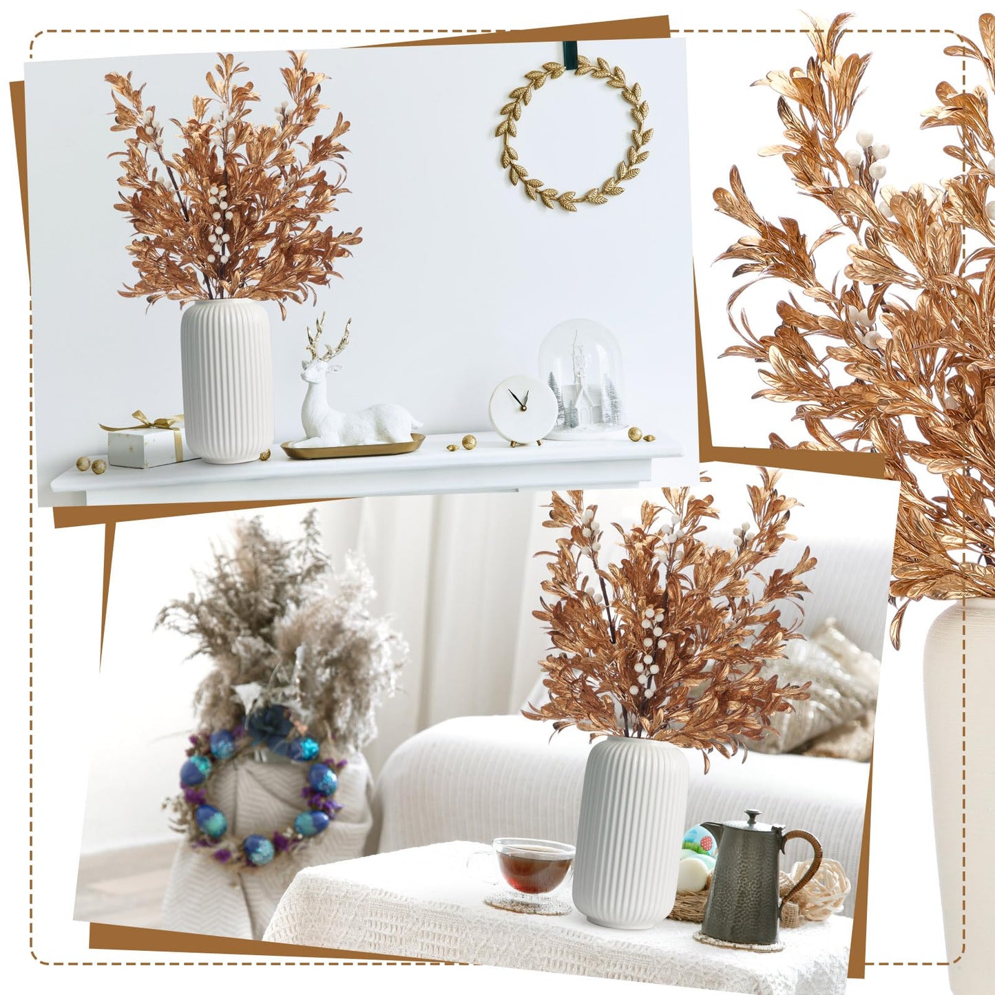 Giegxin 3 Pcs 30" Gold Leaf Christmas Tree Picks with White Berry