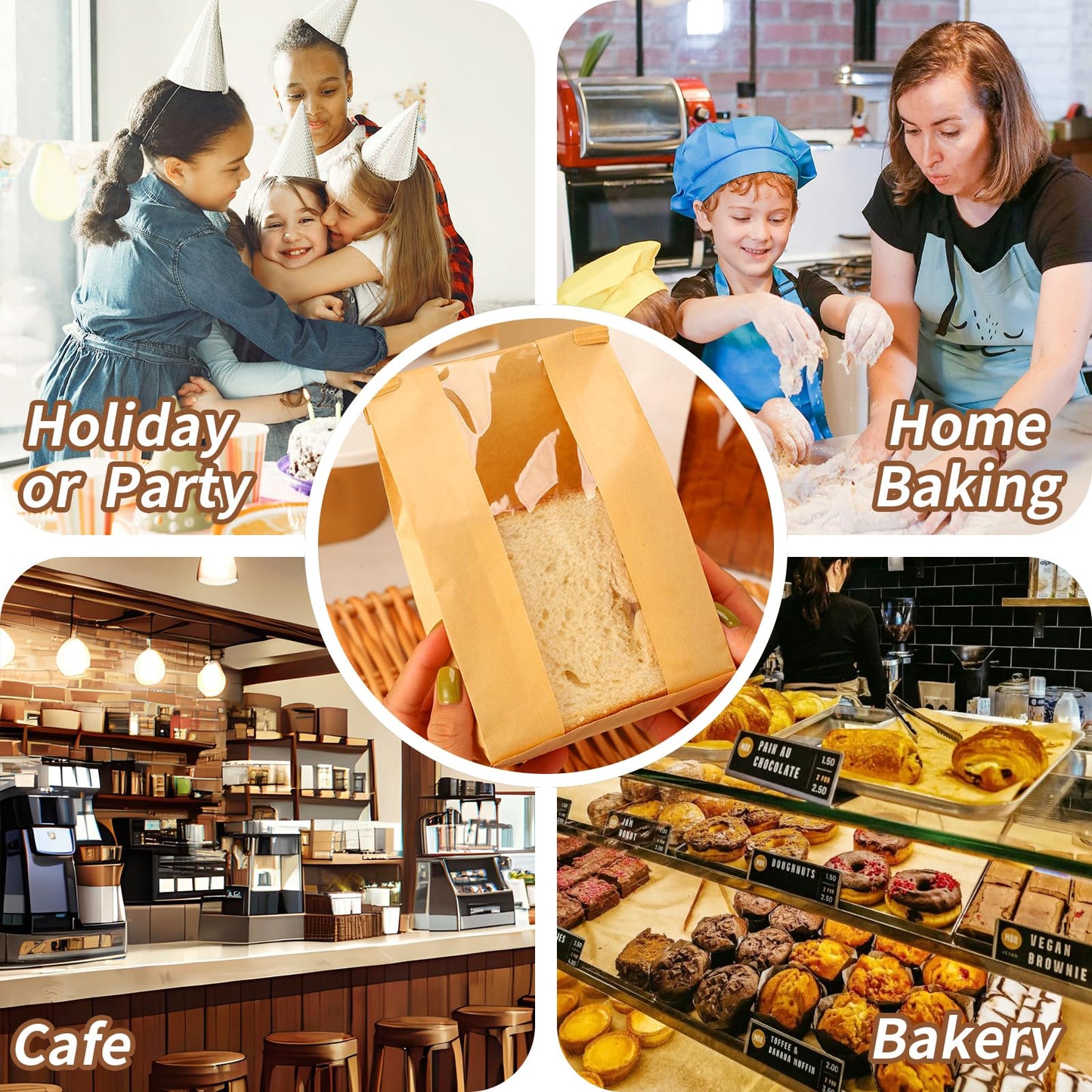 50 Pcs Kraft Paper Bread Bags with Window 13.7x8.3x3.7in + Seal Stickers