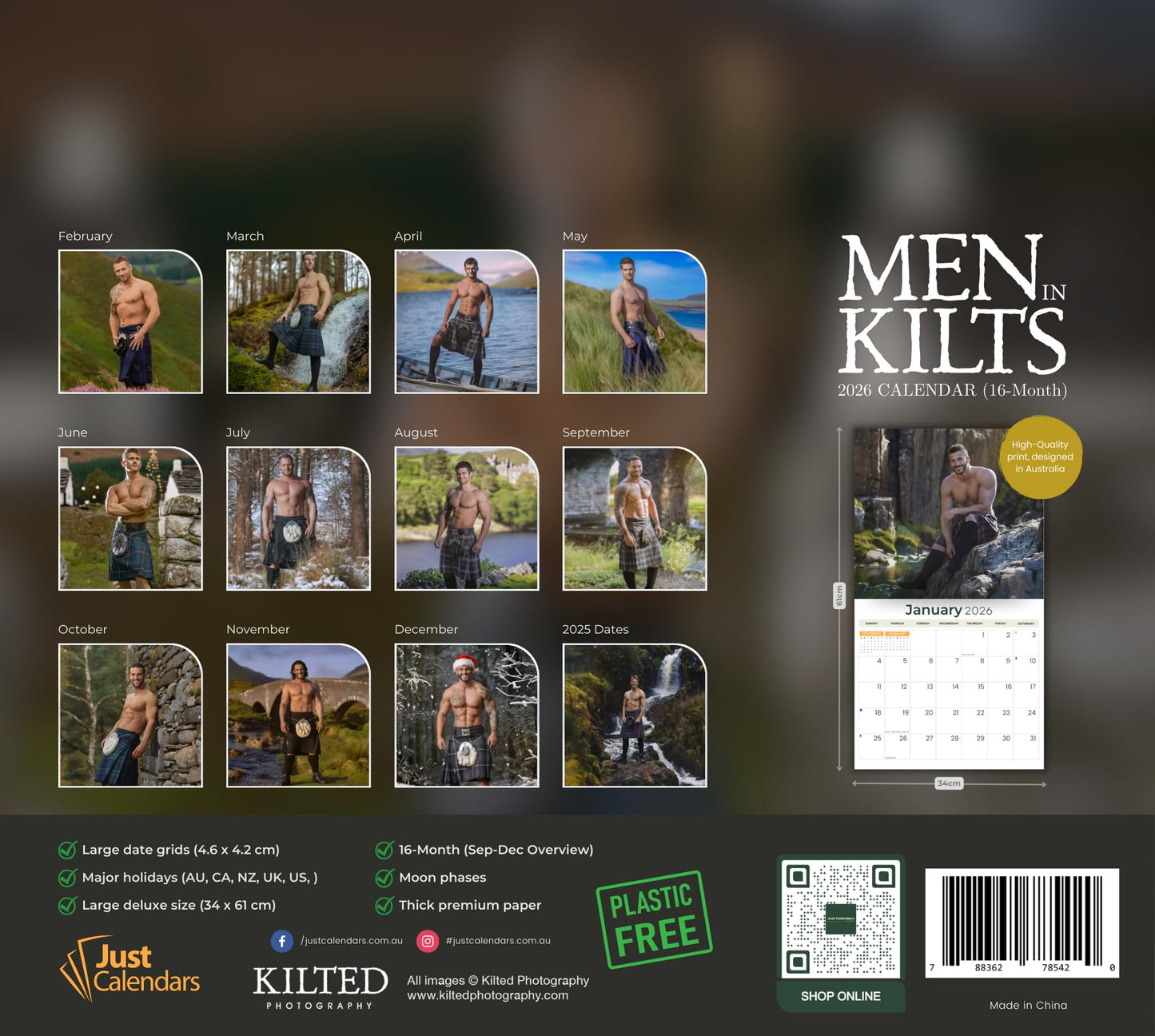 Just Calendars Men in Kilts 2026 Deluxe Wall Calendar 12x13.3 Large