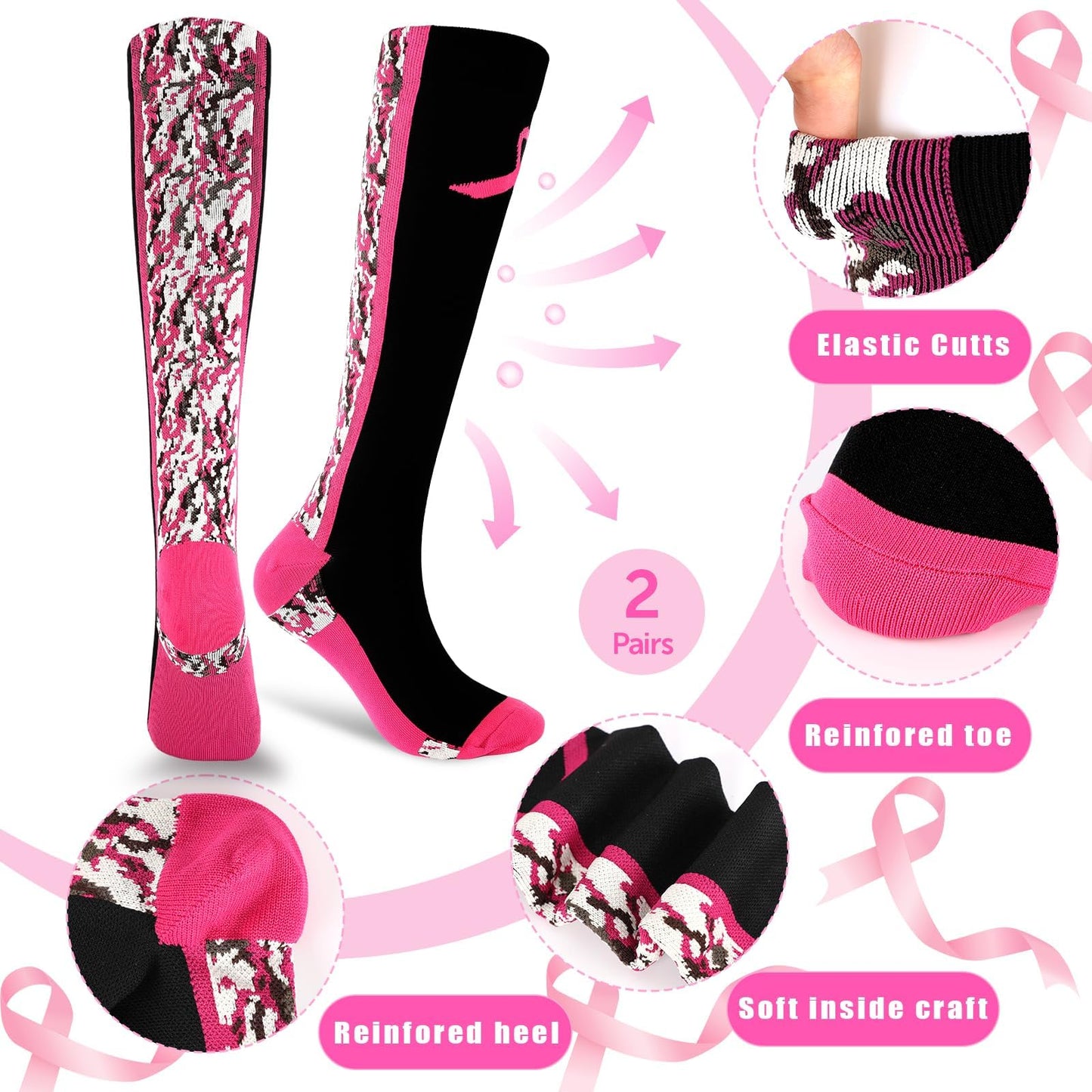 YLOLUL Breast Cancer Awareness Socks Black Camouflage Polyester Womens Size L