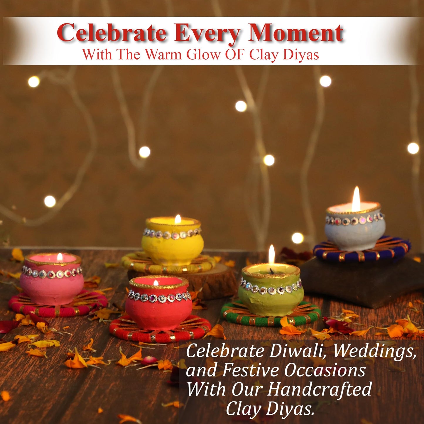 4OUR FAITH Matki Wax Filled Diya Set Handpainted Terracotta 6 Pc Multicolor