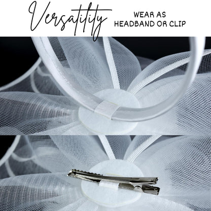 Needzo White Floral Feather Mesh Fascinator Headband Hair Clip One Size