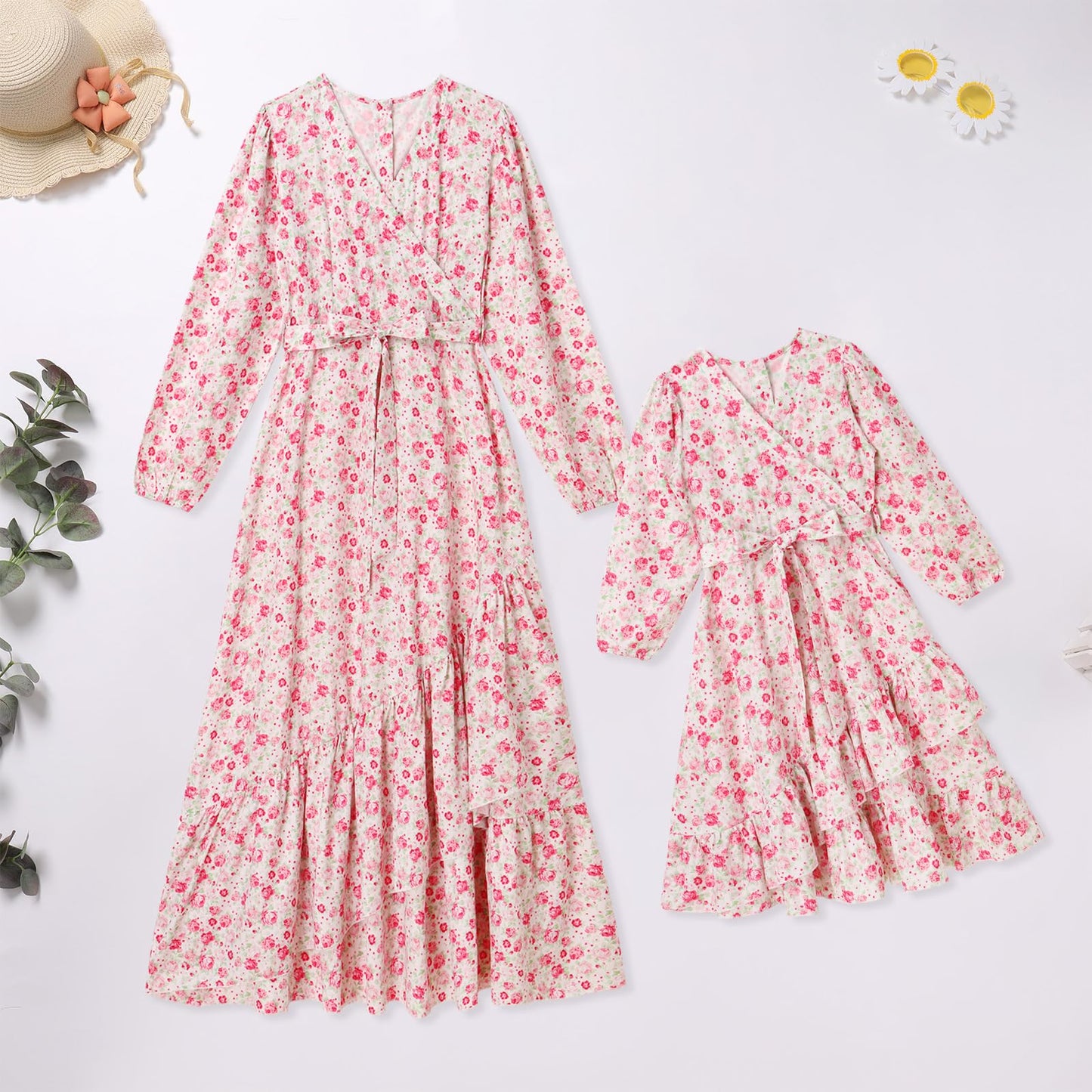 AWIBMK Mommy and Me Floral Boho A-Line V Neck Long Sleeve Dress Blue Pink Size L
