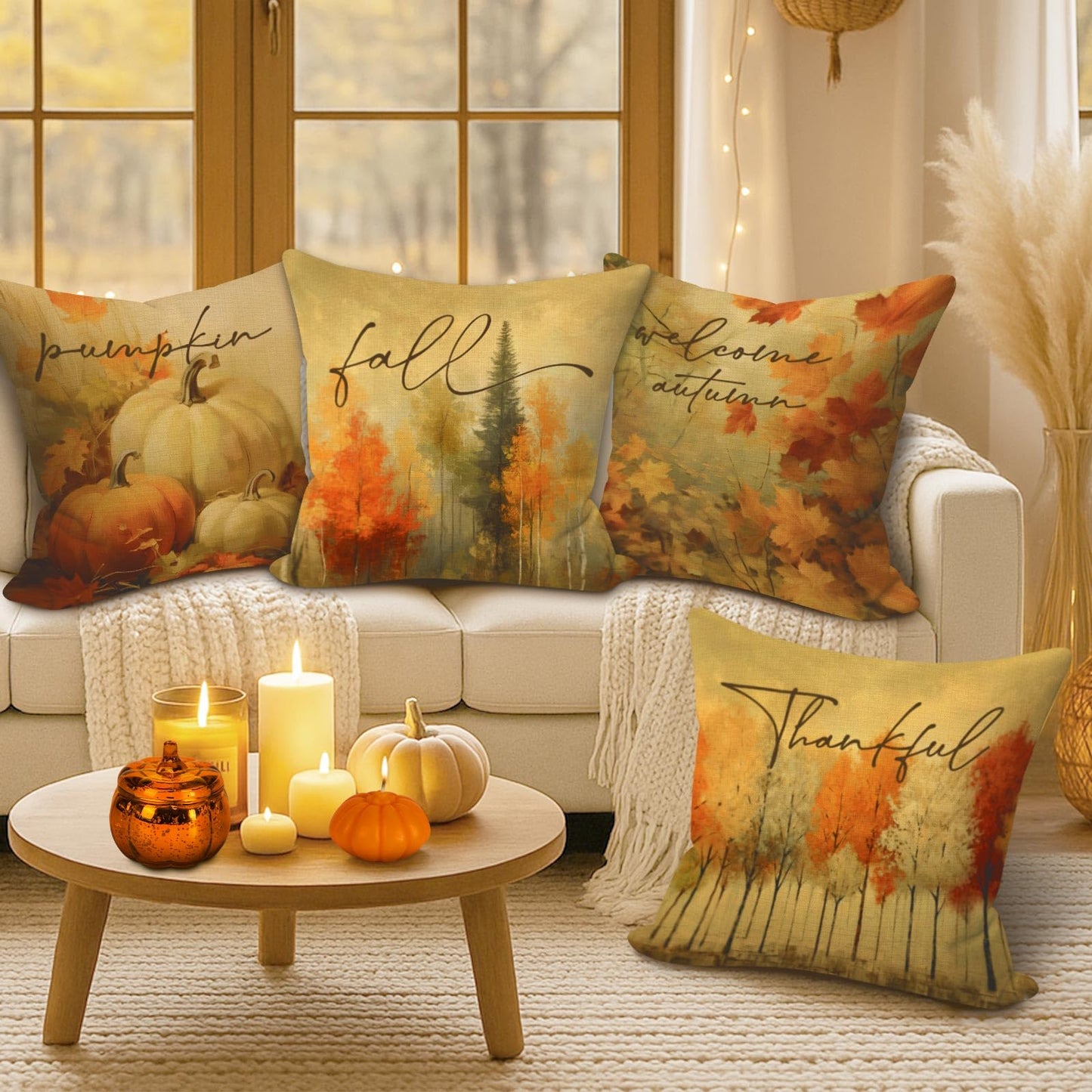 Benjia 20x20 Throw Pillow Covers Set of 4 Watercolor Forest Pumpkin Autumn