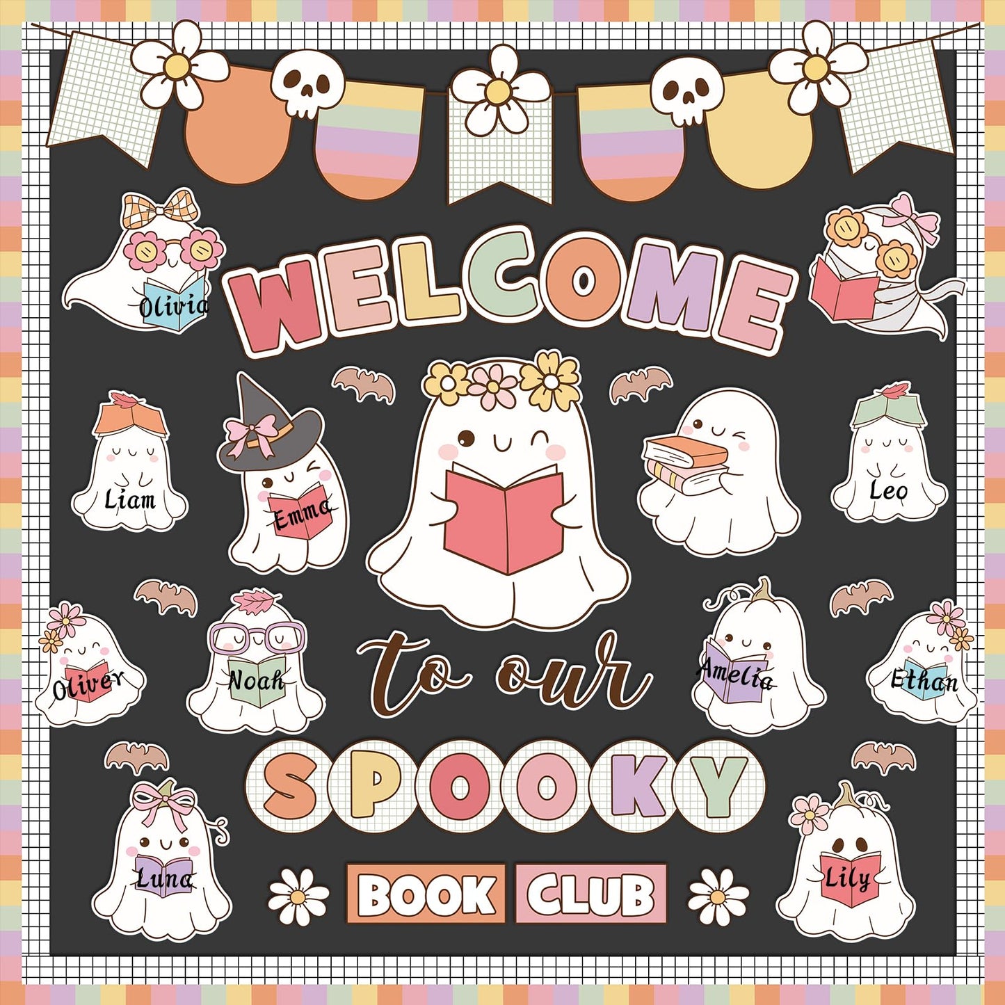 Pasimy Halloween Bulletin Board Set Ghost Paper Cutouts Pastel Boho 70 Pcs