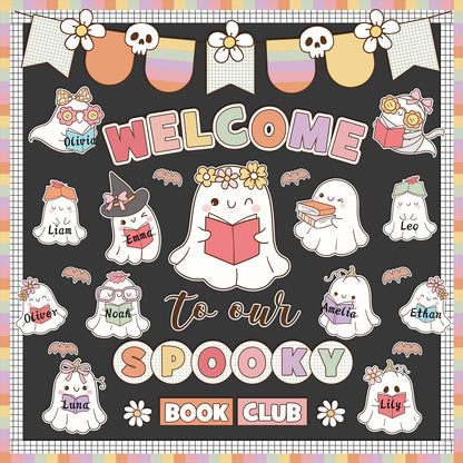 Pasimy Halloween Bulletin Board Set Ghost Paper Cutouts Pastel Boho 70 Pcs