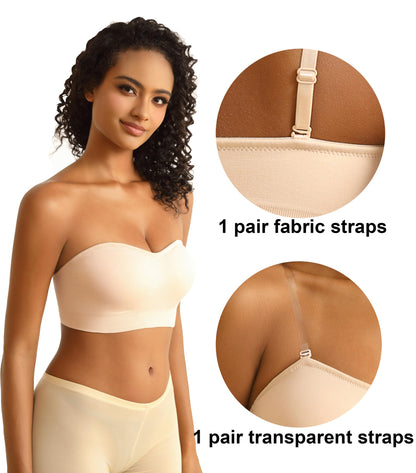 PRETTYWELL Strapless Padded Bandeau Bra Wireless Seamless Beige Size M