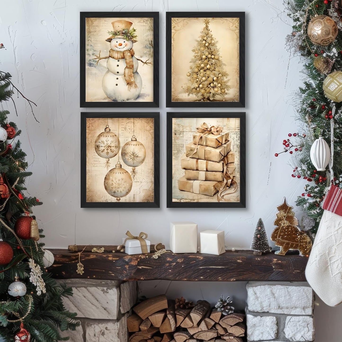 JXREQ Vintage Christmas Wall Art Prints 8x10 Snowman Tree Set of 4 Unframed