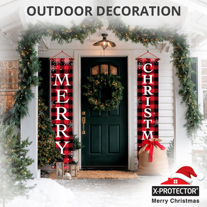 X-Protector Merry Christmas Buffalo Plaid Banner 71x13 Red