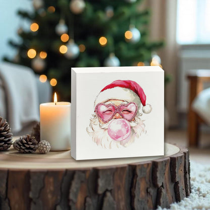 XUNLURY Santa Wooden Box Sign Pink Christmas Decor 5x5 Inch