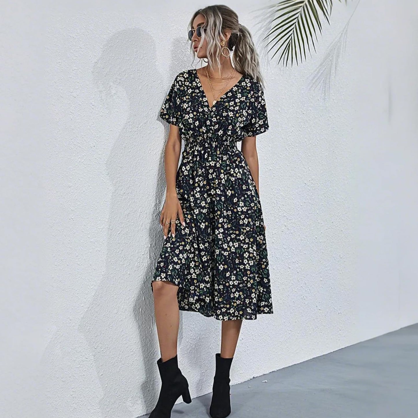HEBELD Womens Midi Floral V Neck Wrap Dress Elastic Waist Black Size M
