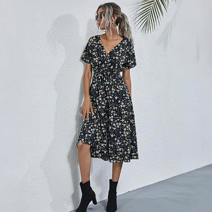 HEBELD Womens Midi Floral V Neck Wrap Dress Elastic Waist Black Size M