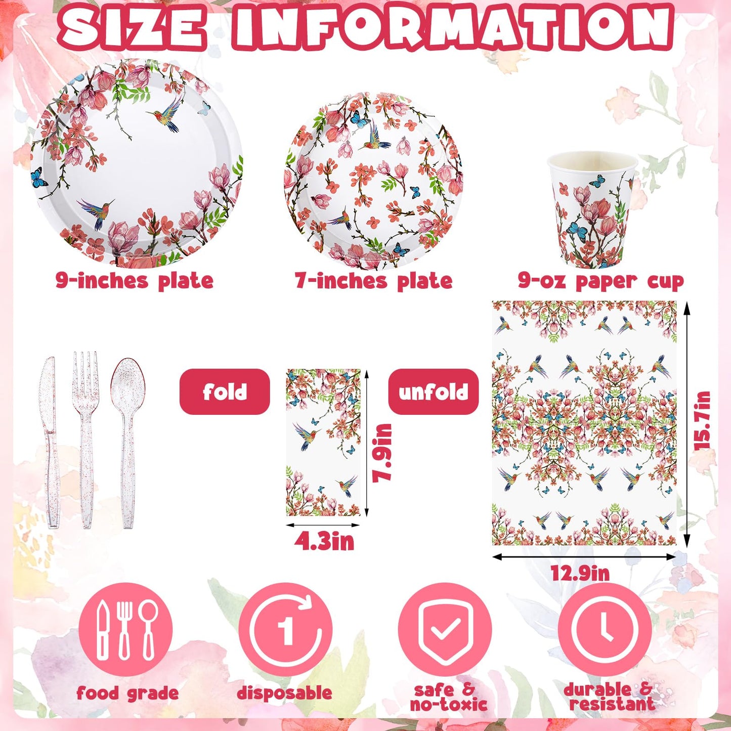 Sinmoe 400 Pcs Spring Plates Napkins Disposable Dinnerware Set Multicolor Bird