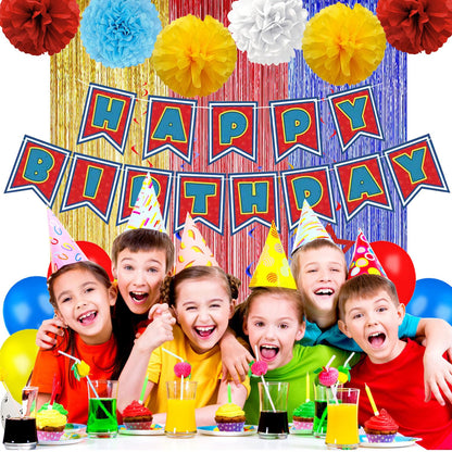 TRBSXRT Cartoon Birthday Decorations Gold Red Blue Foil Fringe Curtains Balloons
