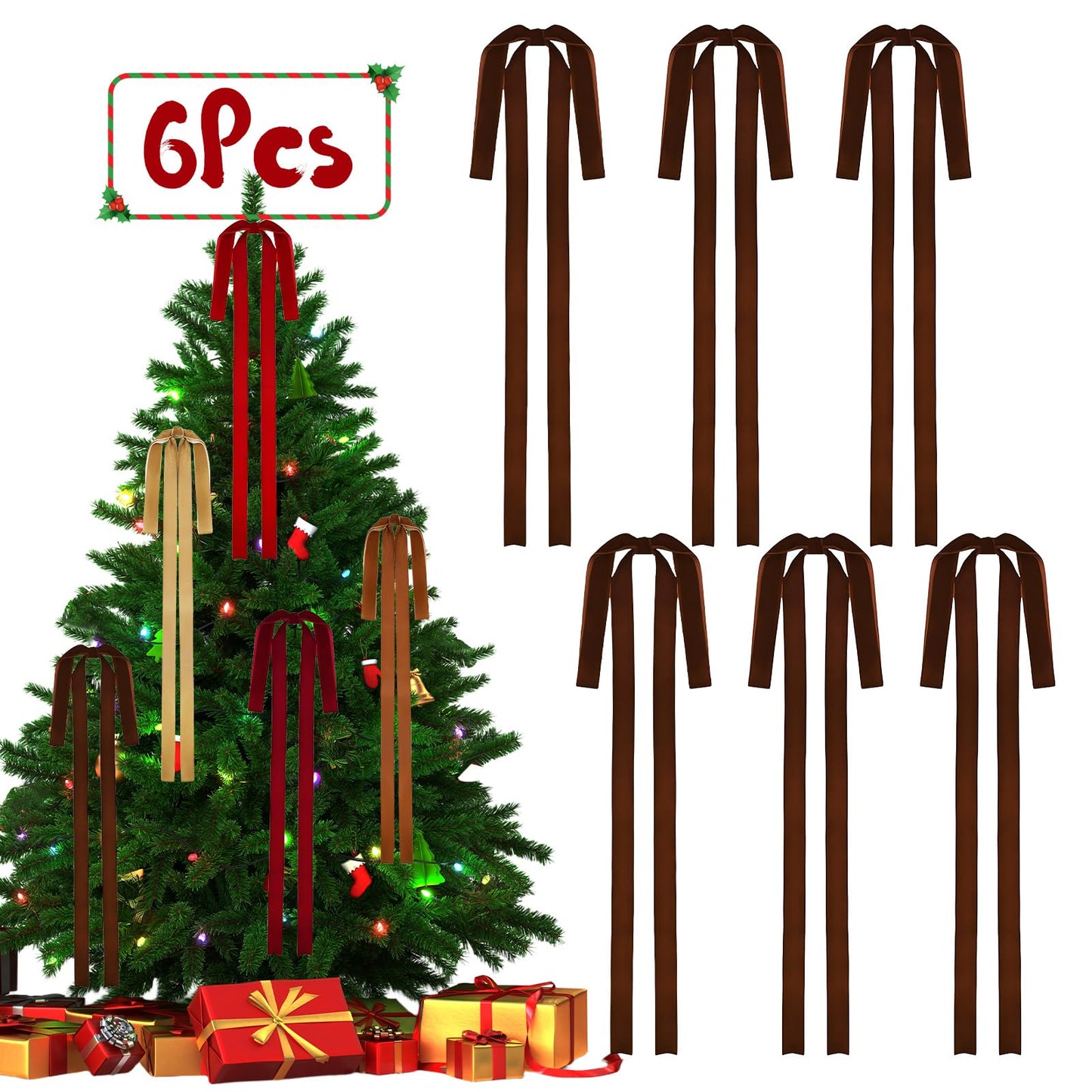Rokkibom 6 PCS Large Brown Velvet Ribbon Bows 23.5x15.5 Inch Christmas Decor