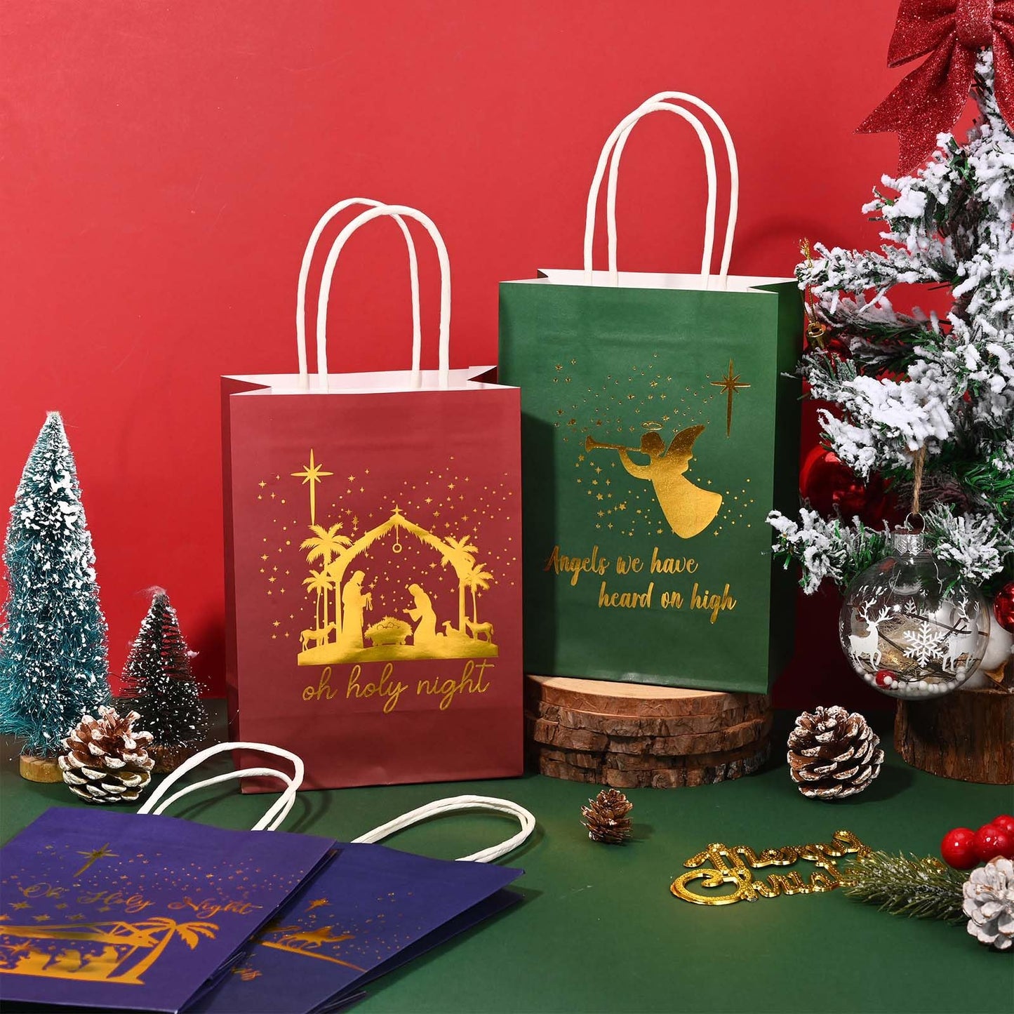 Bolsome 24Pcs Christmas Nativity Gift Bags Red Green Blue Gold Foil