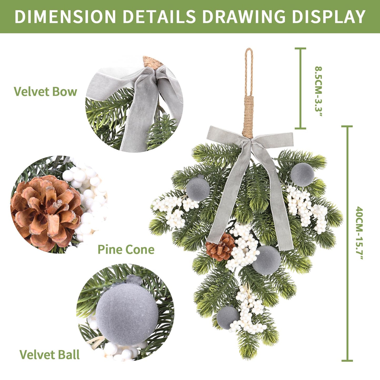 Super Holiday Christmas 2PCS Artificial Green Plant Wreaths Grey Velvet Bow