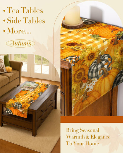 Miss Adola Pumpkin Plaid Fall Table Runner 13x72 Sunflower Decor