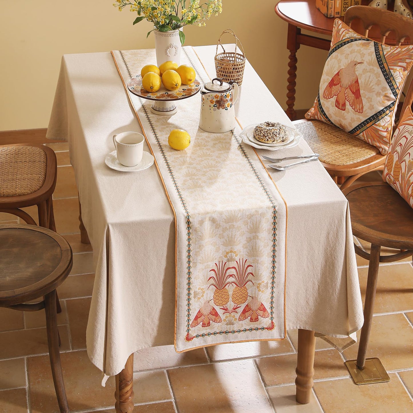patdrea Tropical Linen Table Runner 12x102in Yellow Pineapple Floral Modern