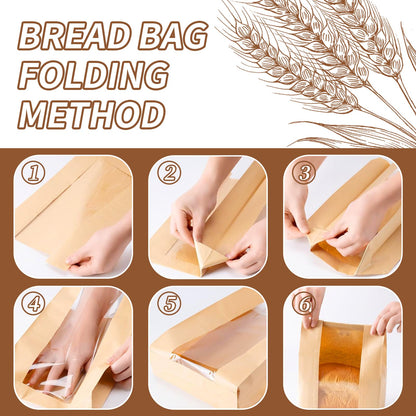 50 Pcs Kraft Paper Bread Bags with Window 13.7x8.3x3.7in + Seal Stickers