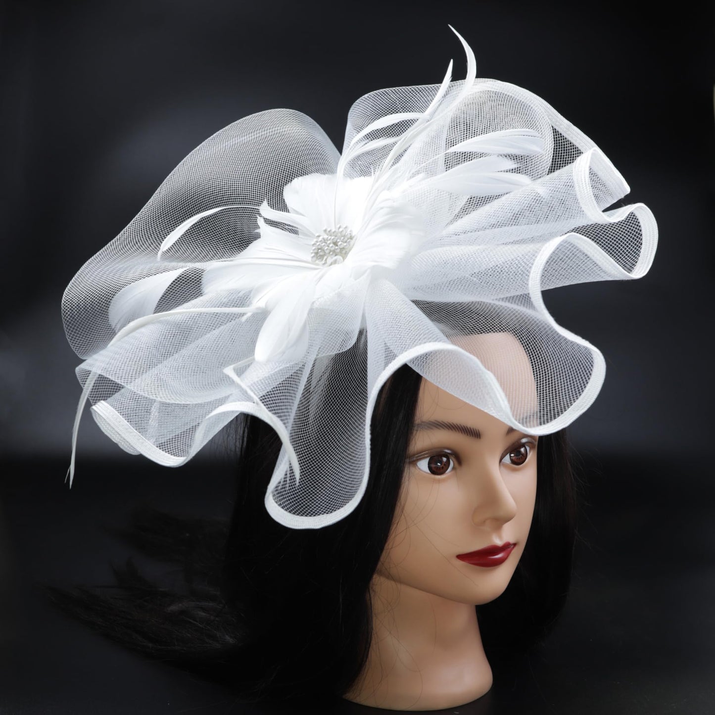 Needzo White Floral Feather Mesh Fascinator Headband Hair Clip One Size