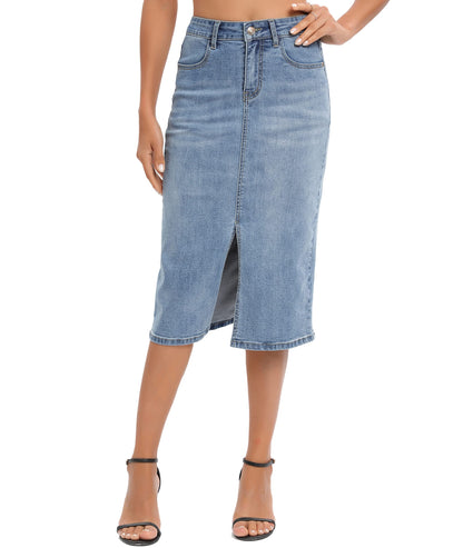 ETTELO Midi Denim Skirt High Waisted Slit Casual Stretch Deep Blue Size XX-Large