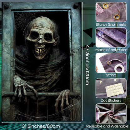 rookea Halloween Funny Skeleton Curtain Banner Spooky Window Decor Polyester