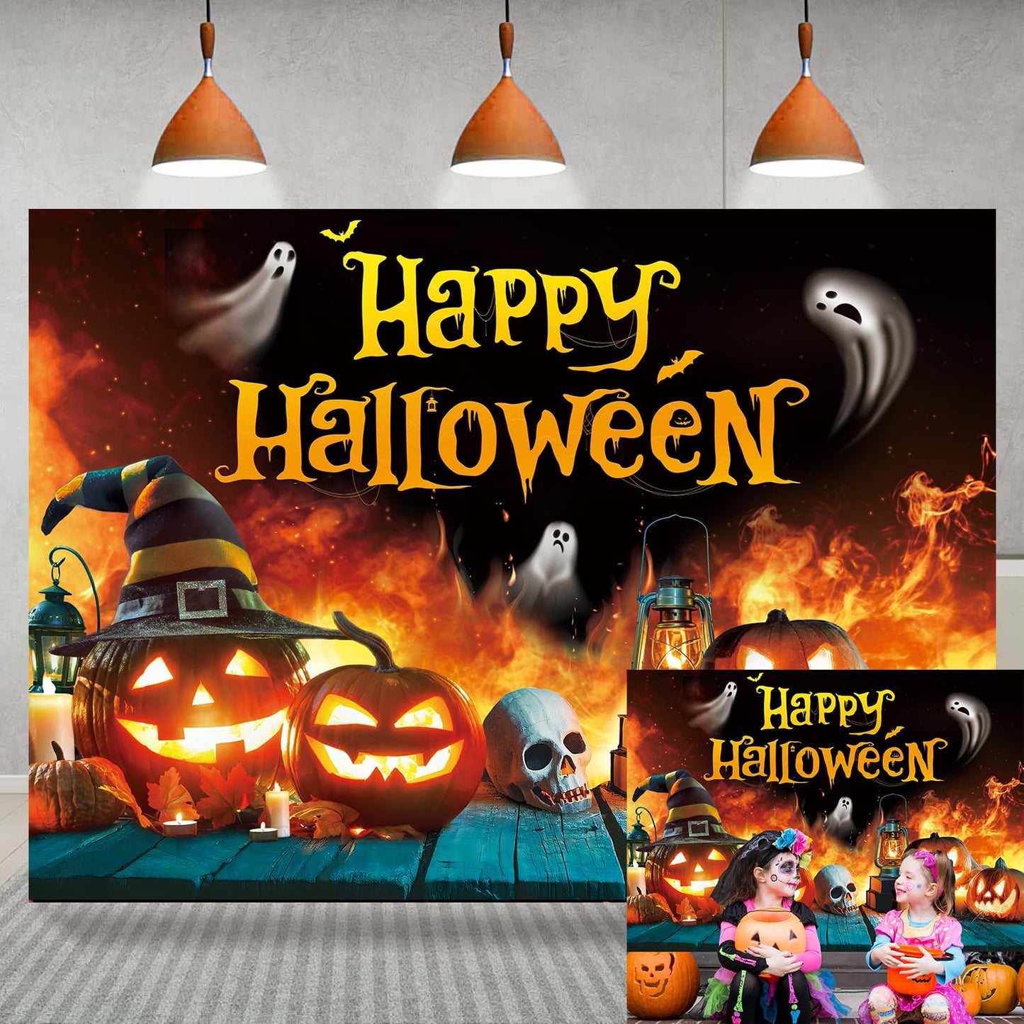 Happy Halloween Backdrop Ghost Pumpkin Flame Haunted House Party Banner 6x4FT