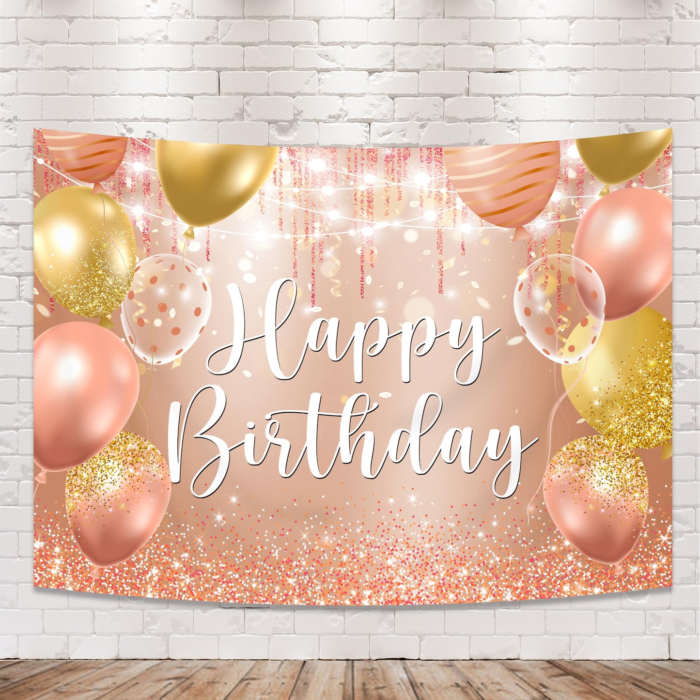 Riyidecor Happy Birthday Backdrop Champagne Pink Gold Balloons 7x5ft Polyester