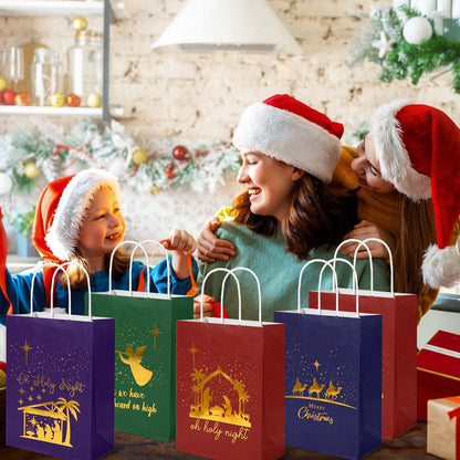 Bolsome 24Pcs Christmas Nativity Gift Bags Red Green Blue Gold Foil