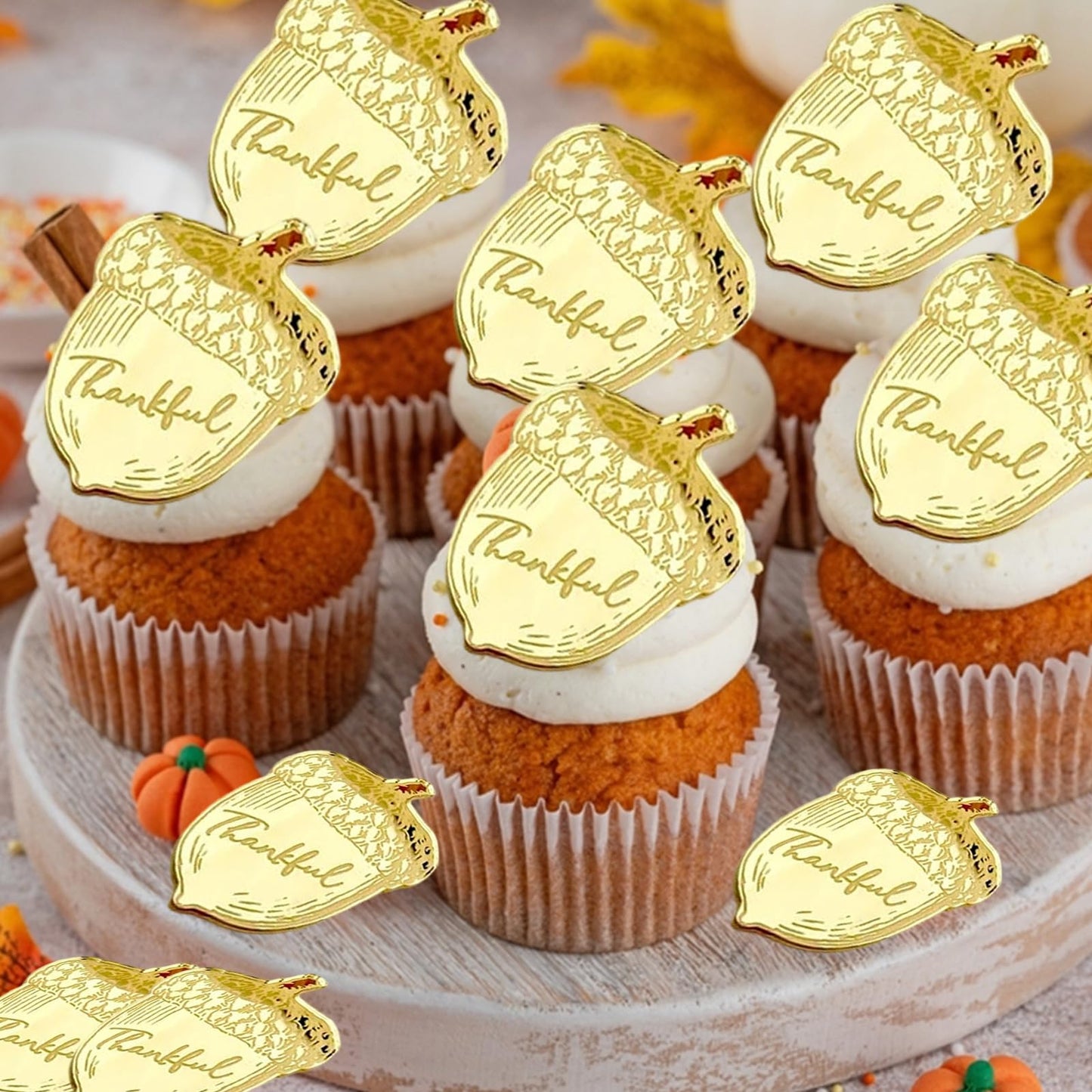 mdgfge 20Pcs Thanksgiving Gold Chestnut Acrylic Cupcake Toppers Decor