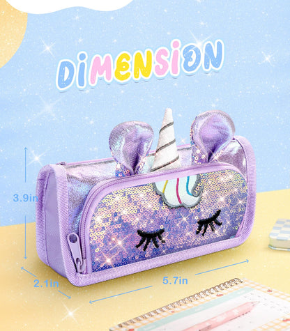 LISEVO 3D Sparkly Pencil Case Purple Cute Sequin Pencil Pouch Girls Kids