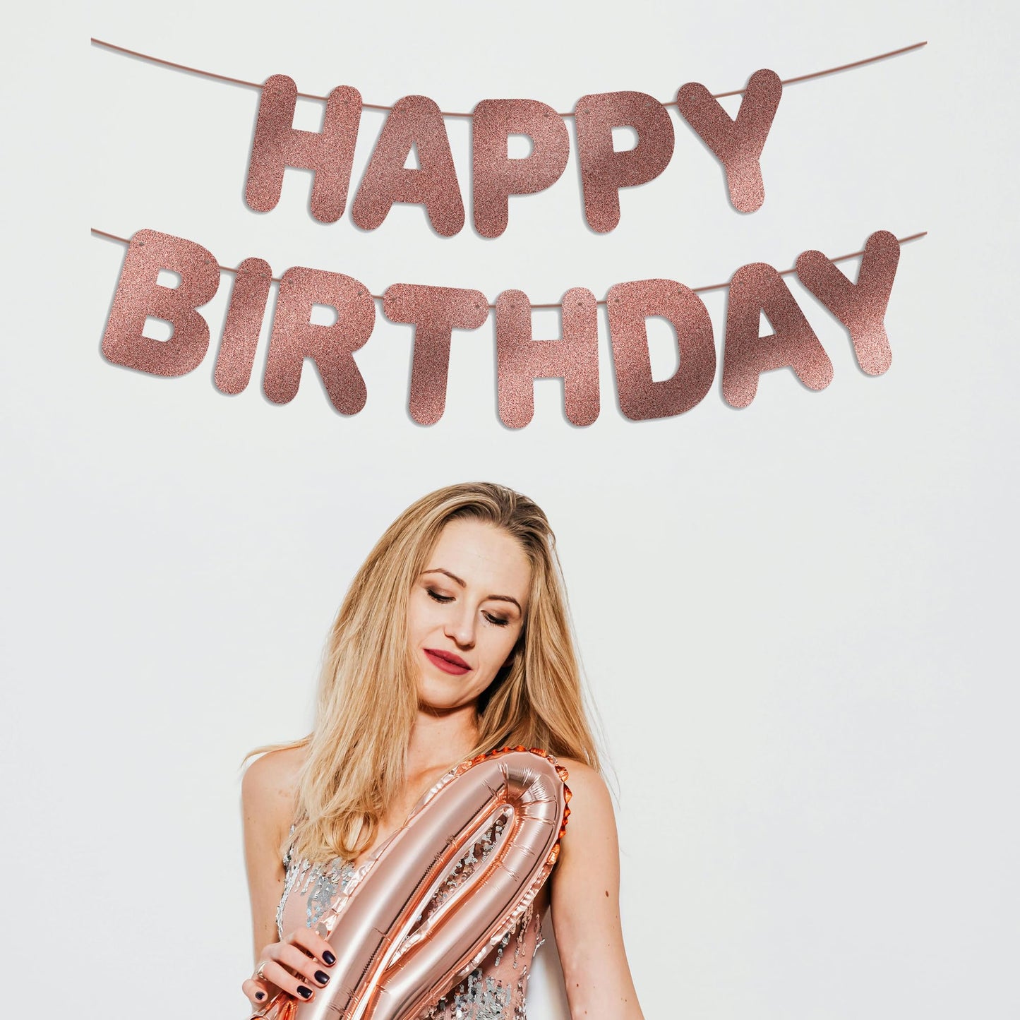 JunyRuny Pre-Strung Happy Birthday Banner Rose Gold Glitter Party Decor