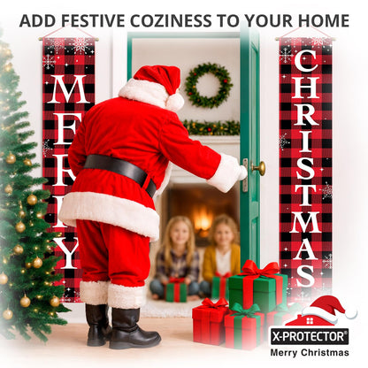 X-Protector Merry Christmas Buffalo Plaid Banner 71x13 Red