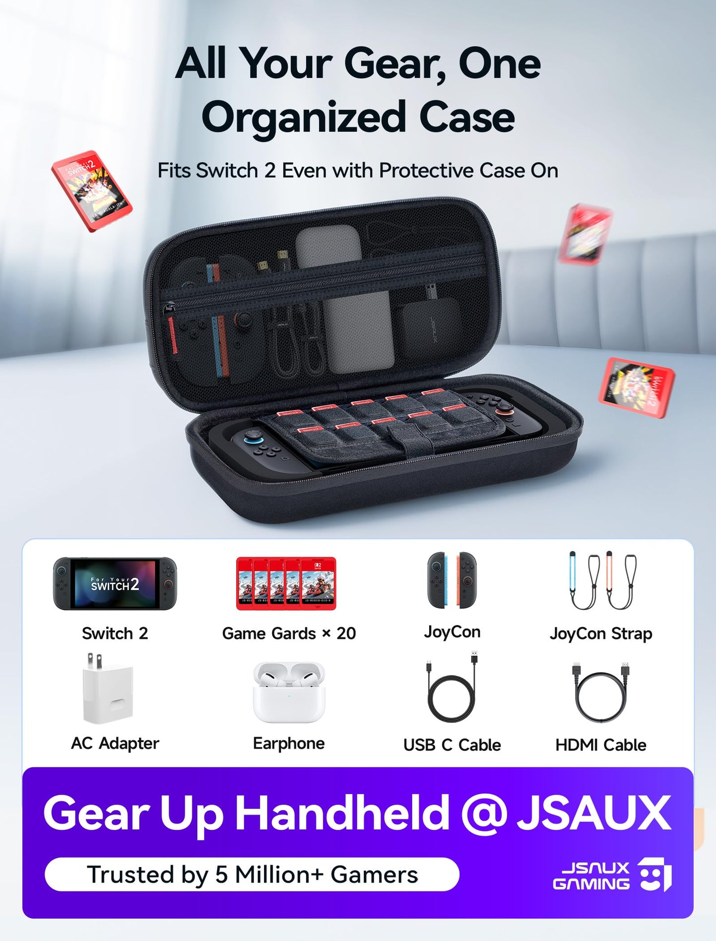 JSAUX Large Capacity Hard Shell Carrying Case Nintendo Switch 2, 20 Slots Black