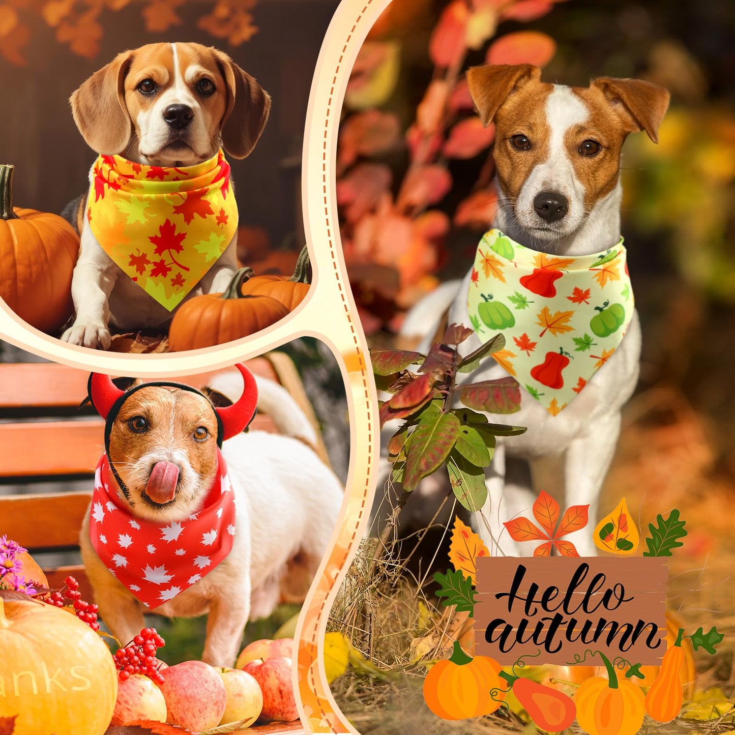 Preboun 100Pcs Fall Thanksgiving Dog Bandanas Pumpkin Maple Leaves Yellow Orange