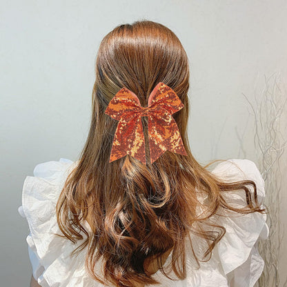 Xepeelo 2Pcs Orange Glitter Bow Elastic Hair Ties Bands Ponytail Holder 1 Count