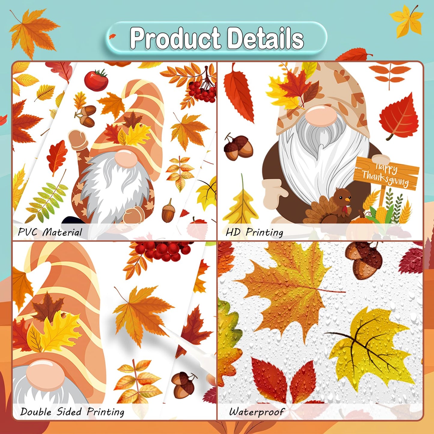 Pedel Fall Gnome Window Clings 93Pcs Thanksgiving Autumn Leaves Decals