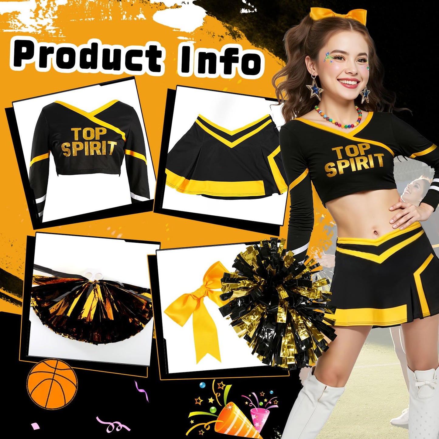 ROC PARTY Women Cheerleader Costume Yellow with Hairpins Pom Poms Size S