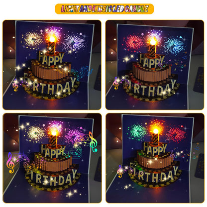 CANREVEL 3D Pop Up Fireworks Birthday Card LED Music Orange Cake Color