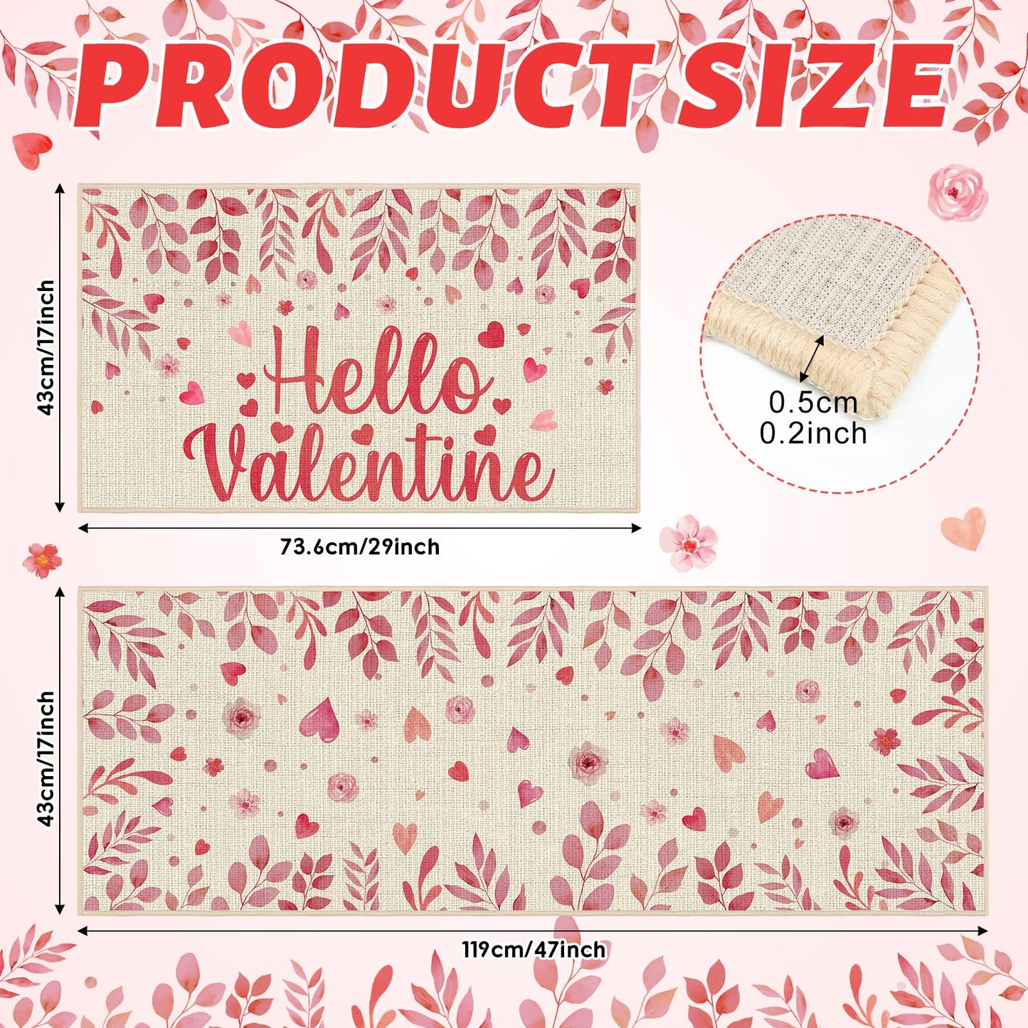 Pickmesh Valentine Kitchen Mats 2 Pc Non-Slip Love Heart Pink 17x29 & 17x47