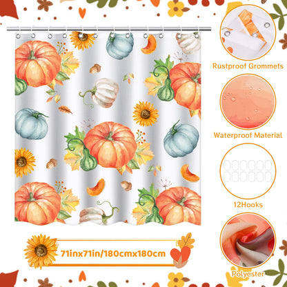 LSYDCARM Thanksgiving Fall Shower Curtain Pumpkin Maple Leaf 12 Hooks Polyester