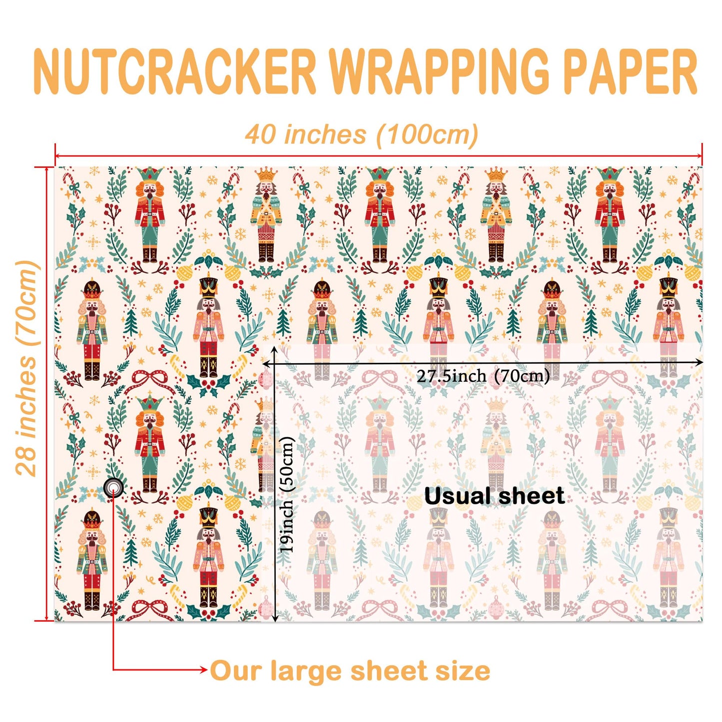 WRAPLULU Nutcracker Christmas Wrapping Paper 4 Jumbo Sheets 28x40in Yellow