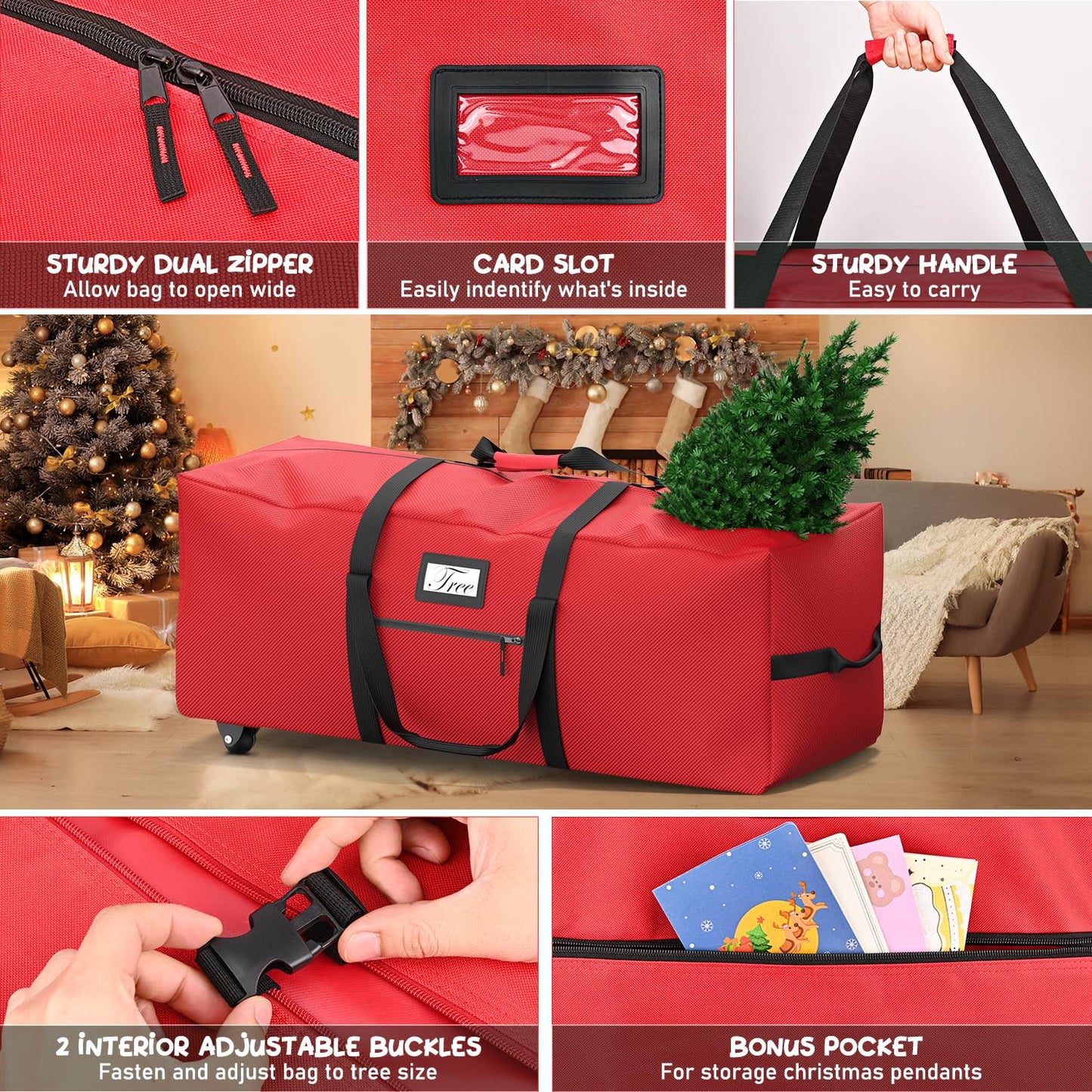 Mrrihand Christmas Tree Storage Bag Heavy-Duty 600D Oxford Red 7.5Ft