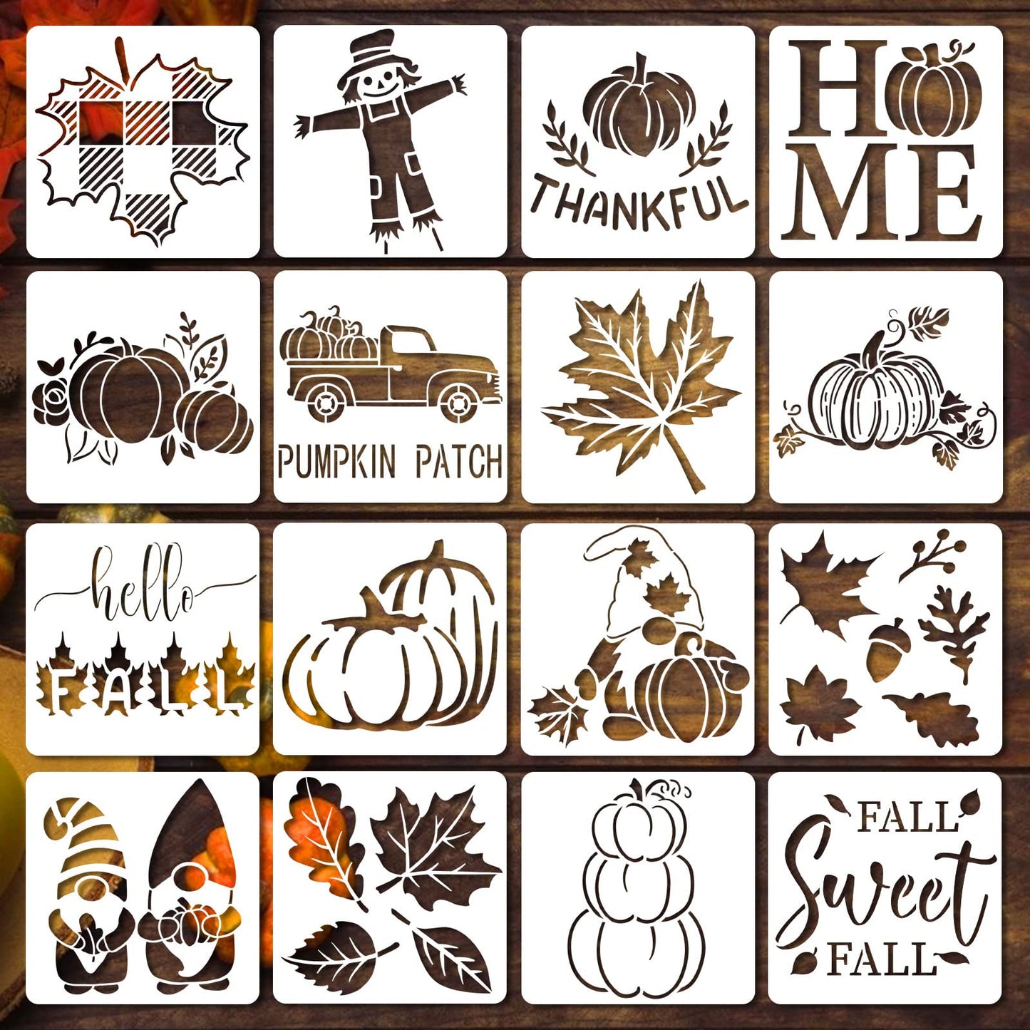 Vloso 16 Pcs Fall Stencils 5x5 Inch Reusable Thanksgiving DIY Crafts