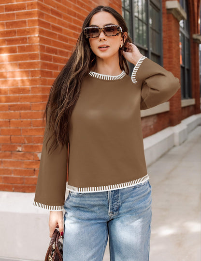 ZESICA Women's Oversized Ribbed Knit Sweater Crewneck Brown Size S