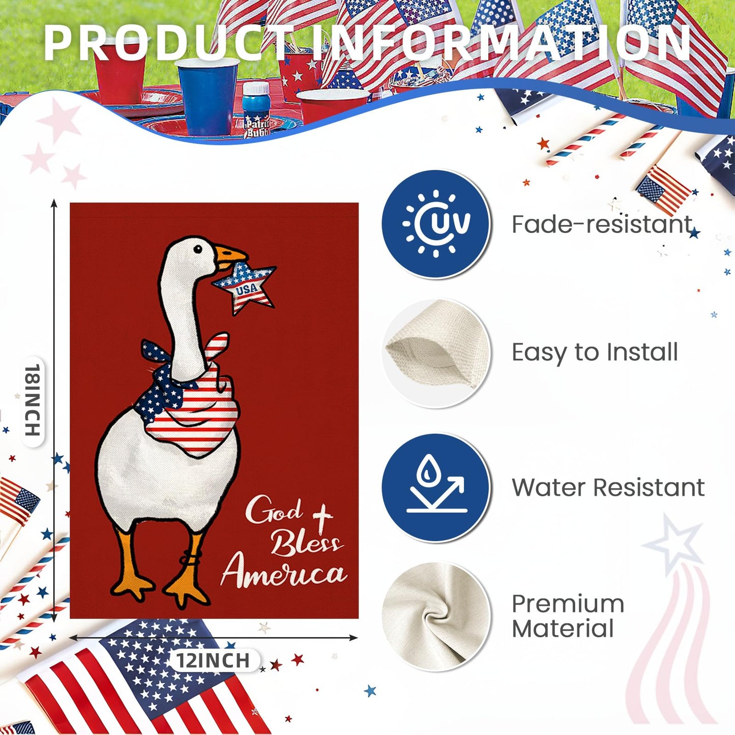 EKOREST Patriotic Garden Flag 12x18in Double Sided Funny Goose Red White Blue