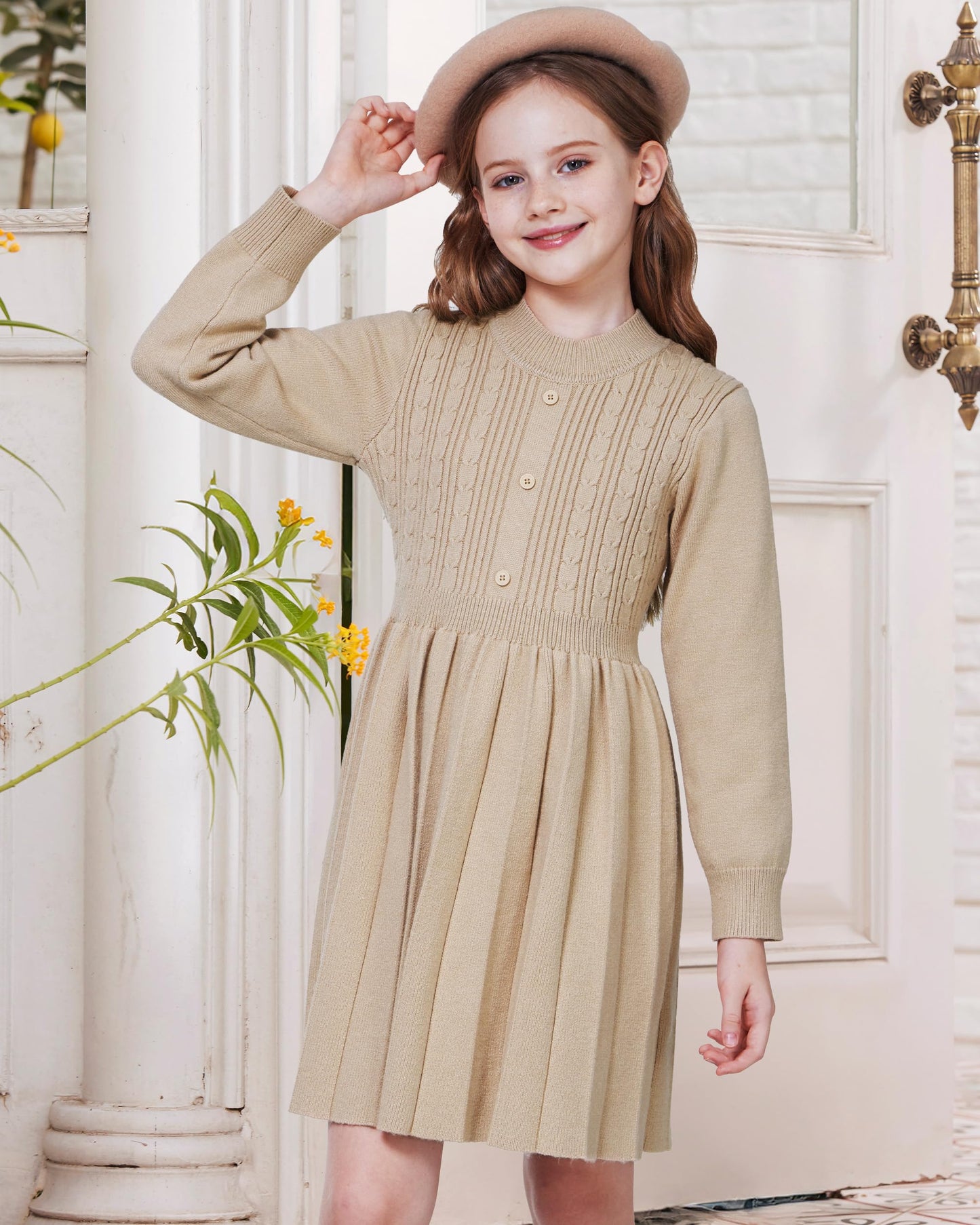 WULFUL Girls Long Sleeve Sweater Dress Pleated Knit Casual Fall Winter 5-12Y